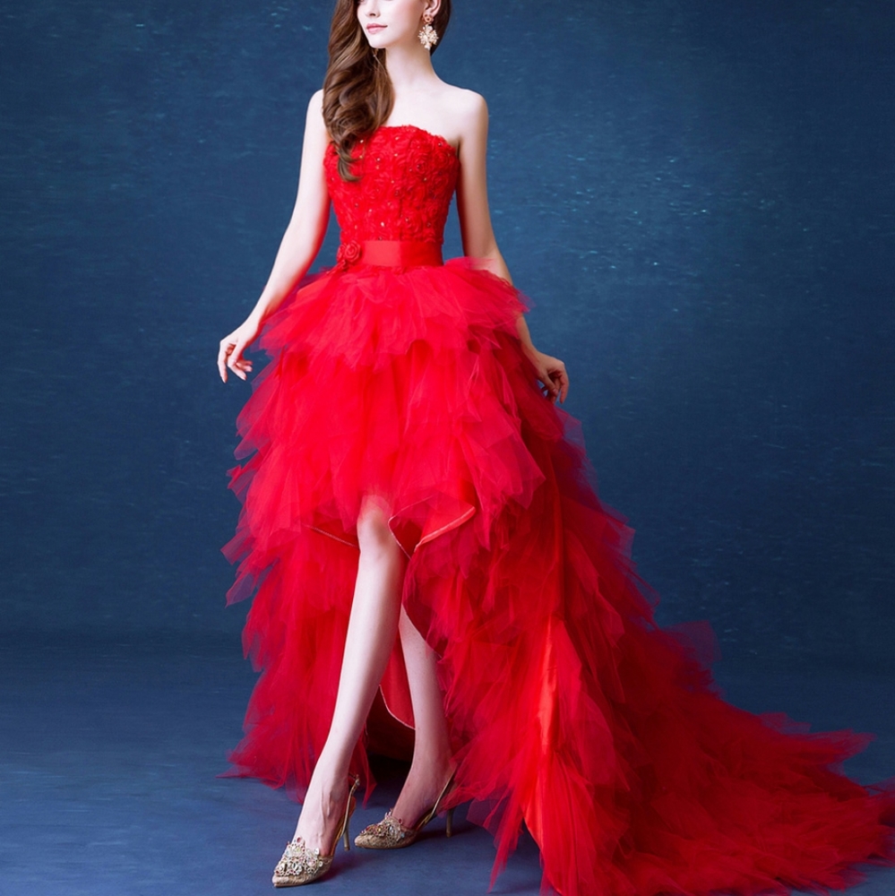 Red Organza Asymmetrical Formal Dress